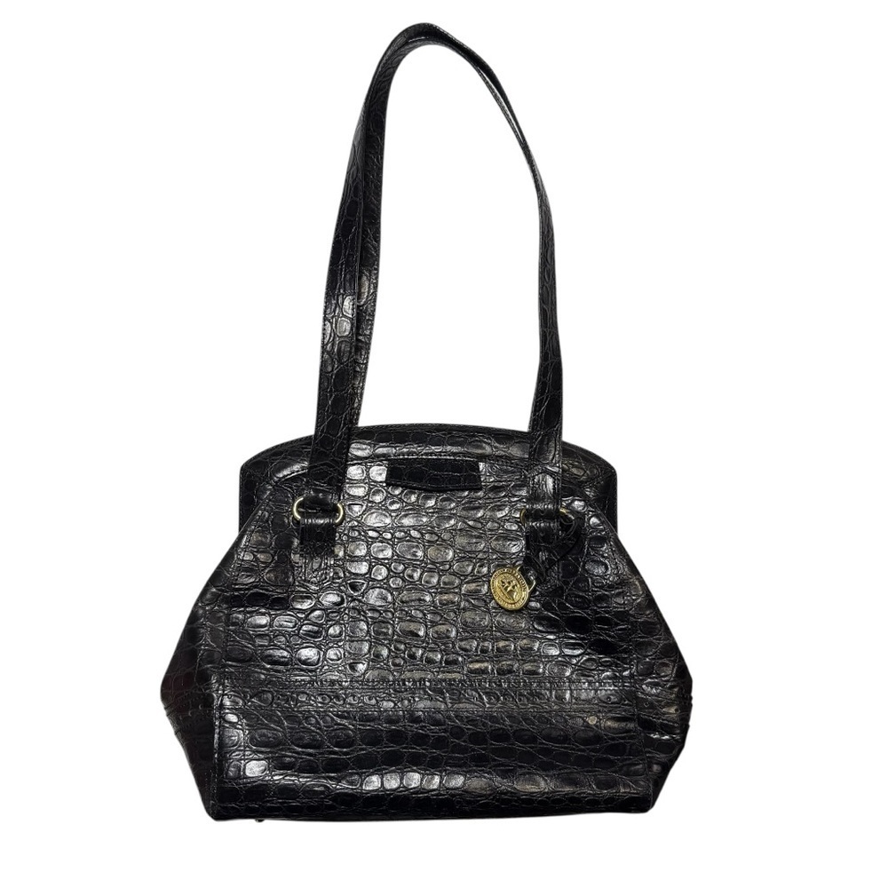 Brahmin Black Satchel Bag Crocodile Embossed Large Gold Hardware Croc Leather